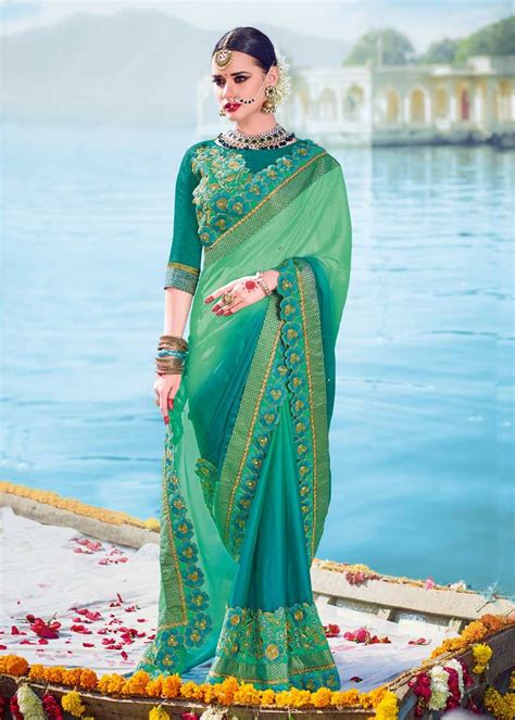A Perfect Bland Of Modish Styling This Beautiful Green Color Two Tone Bright Georgette With