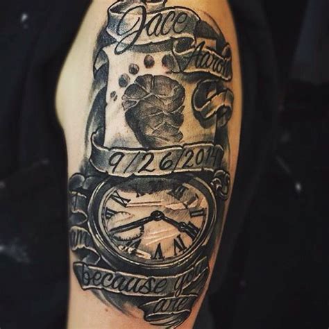 Childs Name Birth Date And Time Of Birth Tattoo Black And Grey Arm