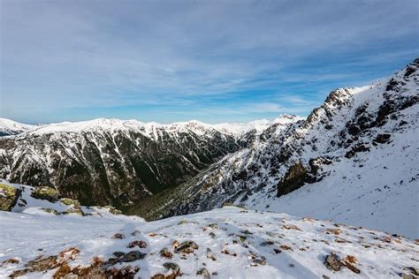 Snow Covered Mountain Peaks And Tourist Trails In Slovakia Tatra Stock