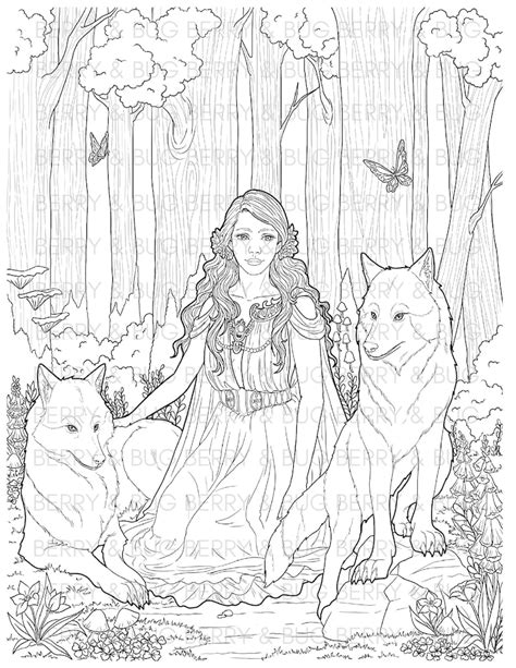 Wolves Woman Coloring Page Printable Adult Coloring Page Etsy Norway