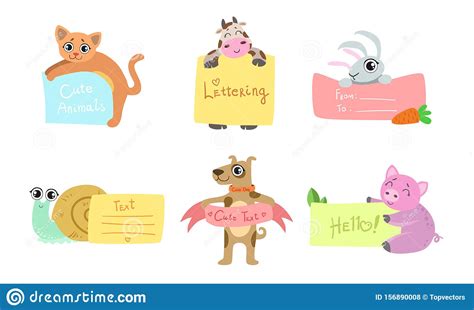 Cute Animals Holding Banners Set Adorable Happy Cartoon Characters
