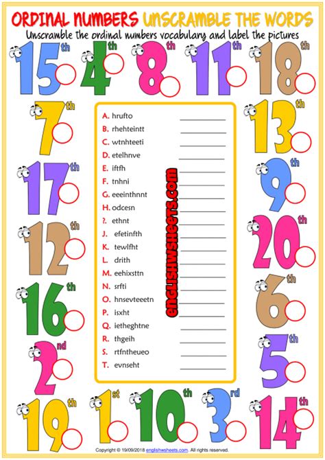 Ordinal Numbers Esl Unscramble The Words Worksheet