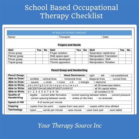 School Based Occupational Therapy Screening Form Checklist Your