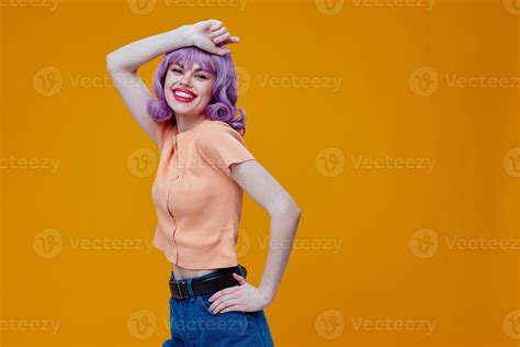 Pretty Young Female Purple Hair Fashion Posing Glamor Color Background