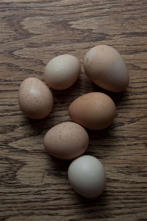 Six Eggs Laid Out On A Wooden Surface