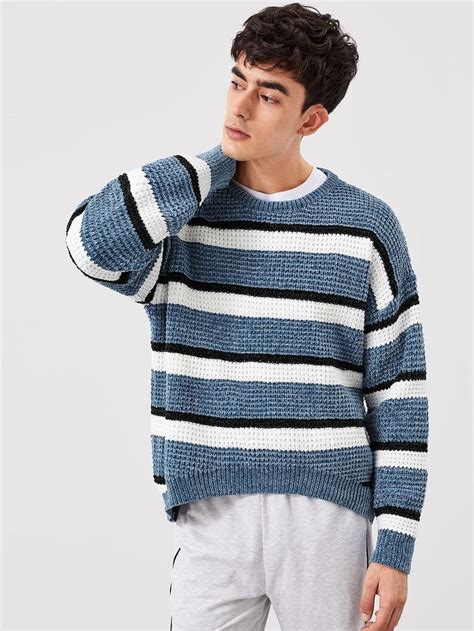 Men Drop Shoulder Striped Sweater Mens Striped Sweater Knitwear Men