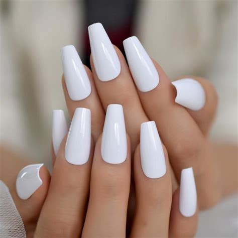 French Angled Tapered Medium Coffin Press On Nails White Tips Fake