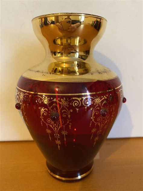 Antique Genuine Venetian Murano Ruby Red Glass Vase Gold Etsy Red Glass Ruby Red Murano