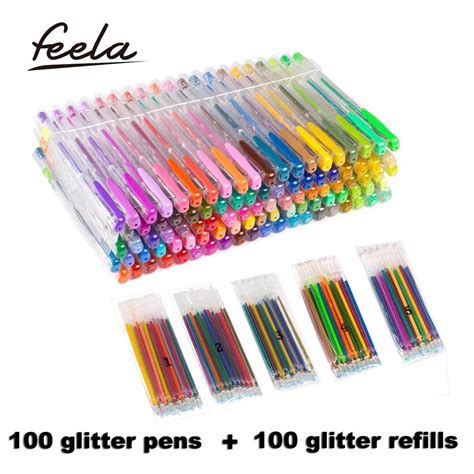Feela 200 Pack Glitter Gel Pens Set 100 Gel Pen Plus 100 Refills For