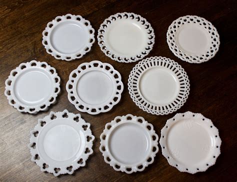 Lot Of 9 Vintage Milk Glass Plates With Open Lace Edge Glass Plates