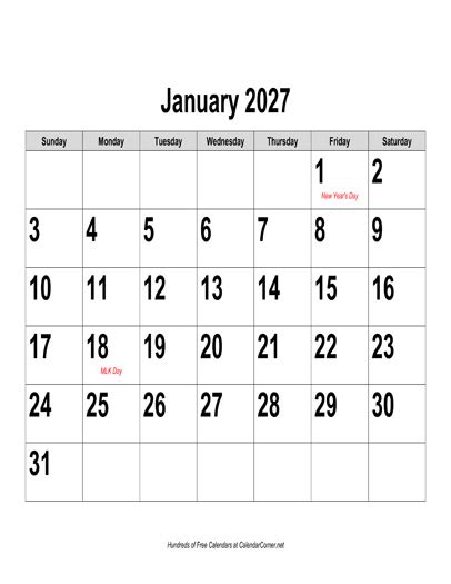 Free 2027 Large Number Calendar Landscape With Holidays