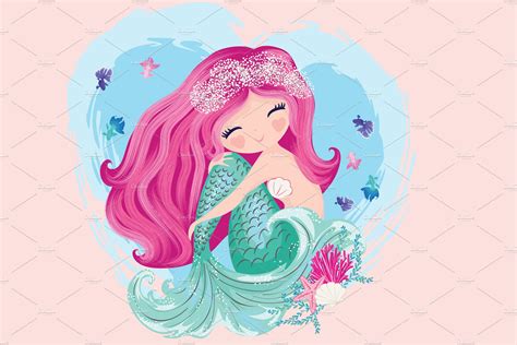 Cute Mermaid Girl Cartoon Character Illustrations ~ Creative Market