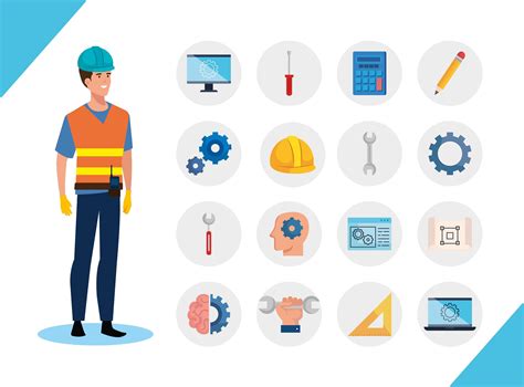 Engineer Man With Working Icons Set 2554021 Vector Art At Vecteezy