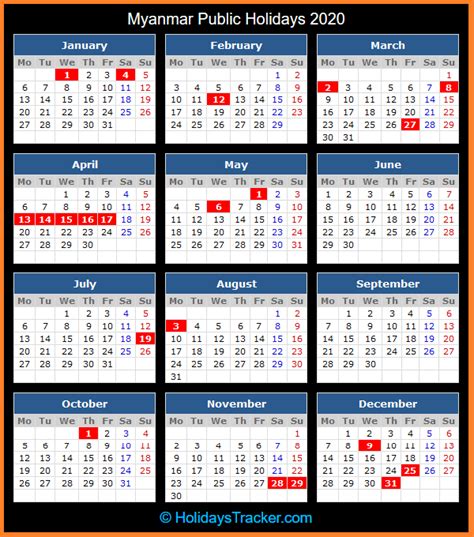 If a public holiday falls on a weekly rest day (friday or sunday as applicable), the following day shall be a public holiday, and if such following day is also a public holiday, the subsequent day shall be a public holiday. Myanmar Public Holidays 2020 - Holidays Tracker