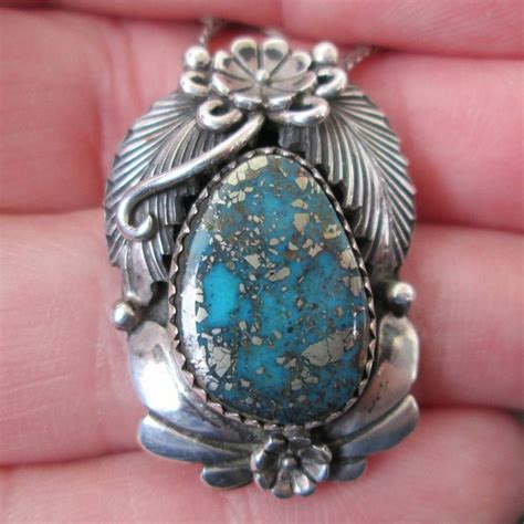 Vintage Turquoise Sterling Silver Pendant Necklace Signed Peterson