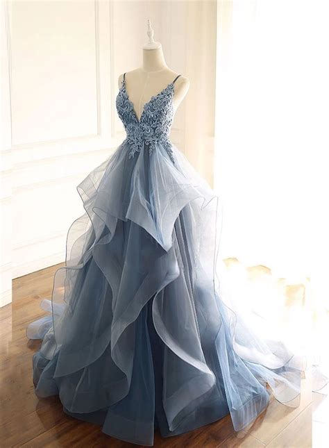 Cheap Prom Dresses By Sweetheartdress · Blue Gray Tulle V Neck Long