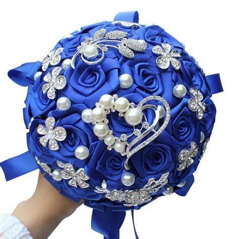 Jane Vini Royal Blue Crystal Wedding Bouquets 2018 Shiny Heart Shaped