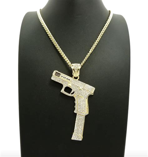40 Pistol Necklace Extended Clip Pendant Gun Chain 9mm Simulated Diamo