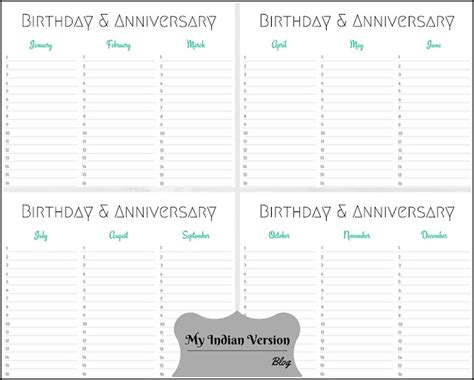 My Indian Version Birthday And Anniversary Calendar Free Printable