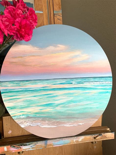 Original Pastel Seascape Acrylic Painting 14 Round Canvas Etsy