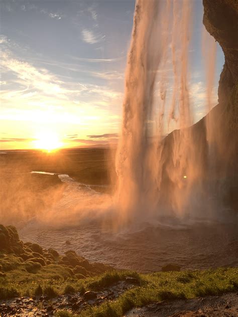 Watching The Sunset From Behind A Waterfall In Iceland 2436x1125 Naturelandscape