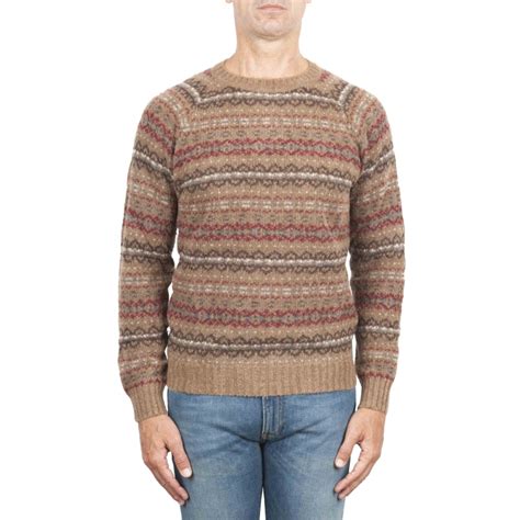 Sbu 01491 Brown Jacquard Crew Neck Sweater In Merino Wool Extra Fine