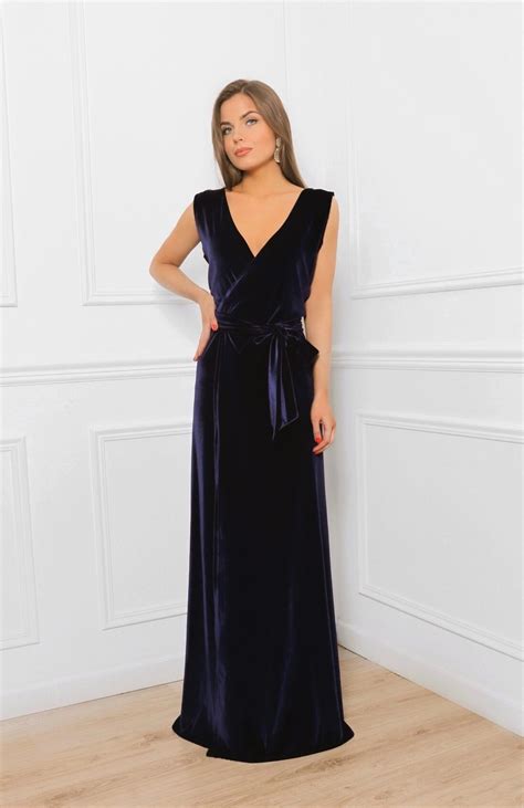 Navy Blue Velvet A Line Maxi Dress Wrap Neckline Deep Open Etsy