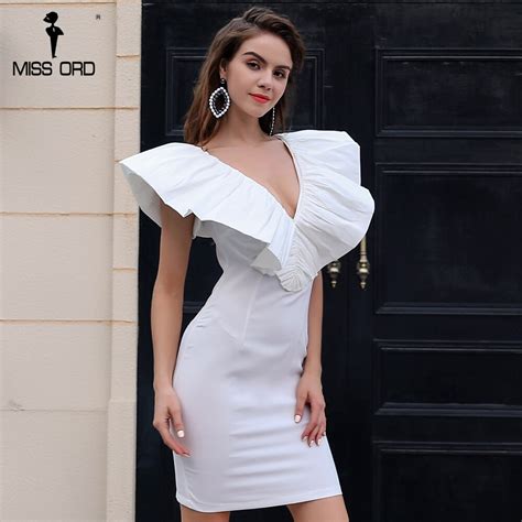 Missord 2019 Sexy V Neck Short Sleeve Ruffles White Color Mini Dress