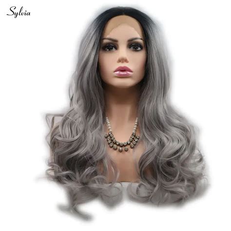 Sylvia Black To Grey Two Tones Ombre Synthetic Lace Front Wigs Long