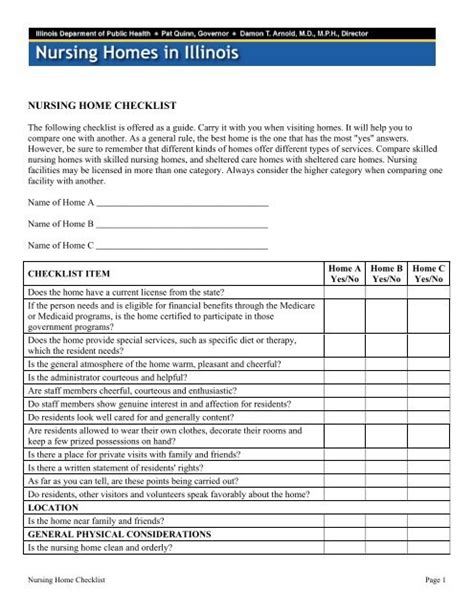 Printer Friendly Version Pdf Nursing Home Checklist