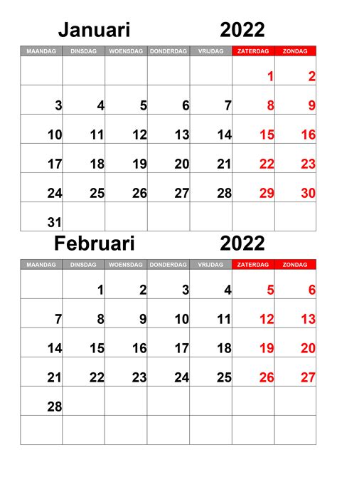 Kalender Januari Februari 2022
