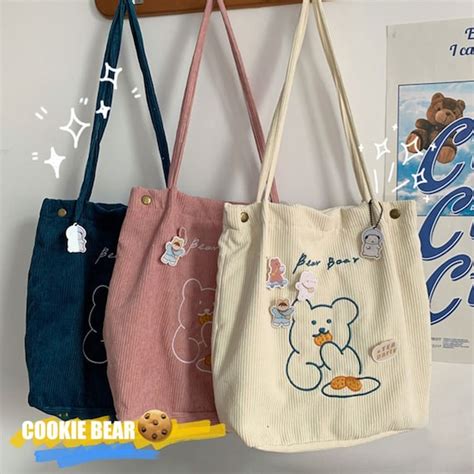 Korean Tote Bag Cute Bear Corduroy Shoulder Bag Embroidery Etsy
