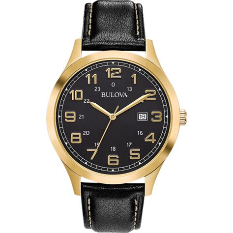 Bulova Mens Gold Tone Case Black Leather Strap Watch