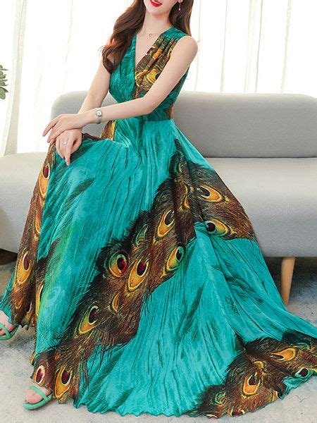 Peacock Print Sleeveless Chiffon Swing Maxi Dress Power Day Sale