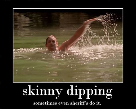 a woman swimming in the water with her arm out and an ad for skinnyy dipping