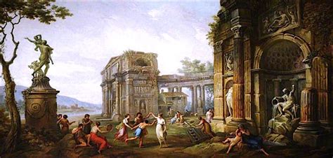 Capriccio Of Figures Dancing Amongst Classical Ruins With A Statue Of