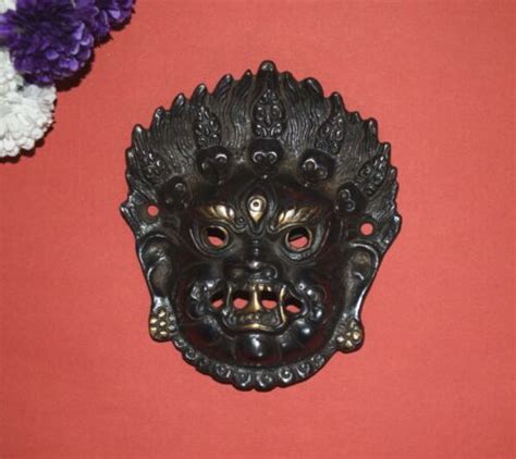 Brass Buddha Wall Hanging Mahakala Wrathful Deity Face Mask Tibetan