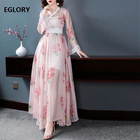 New Korean Fashion Long Dress 2018 Spring Summer Wedding Party Women Vneck Pink Floral Print