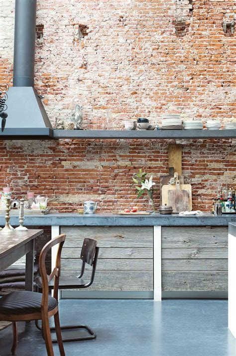 Exposed Brick In The Kitchen Creates An Instant Industrial Vibe To The