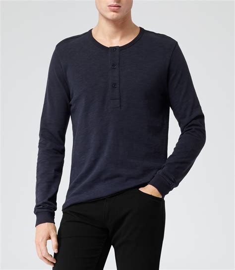 Lyst Reiss Lex Long Sleeve Henley Shirt In Blue For Men