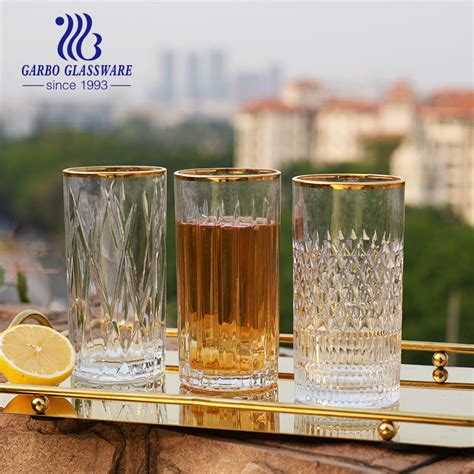 Engraved Glass Cup Gold Rim Highball Glass Juice Tumbler Set Water Drinking Glassware China