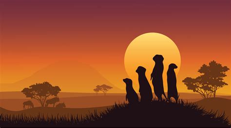 Meerkats In African Landscape At Sunset Vector Illustration Of Sunset