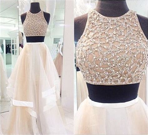 2017 fashion champagne prom dresses two pieces real image organza sequin crystal ruched pageant