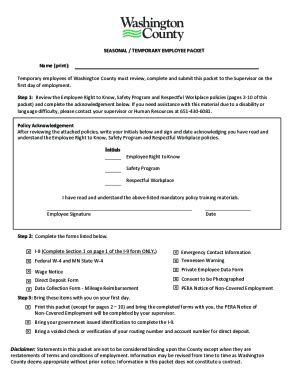 Fillable Online Co Washington Mn Seasonal Temporary Employee Packet