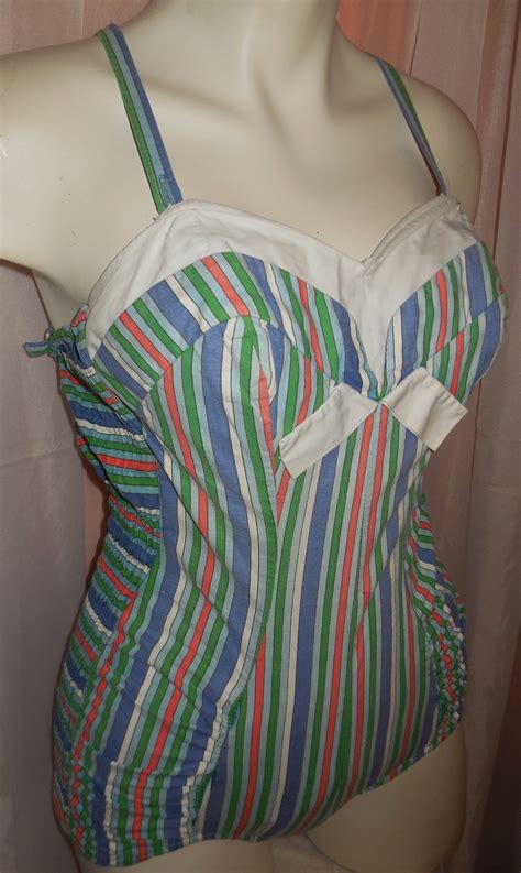 Sale Vintage 1950s Bathing Suit Catalina Mutlicolor Striped Cotton