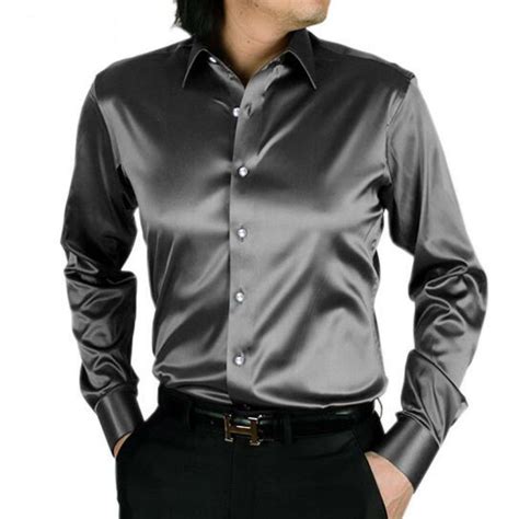 Fashion Shiny Silky Satin Dress Shirt Performance Luxury Silk Like Long