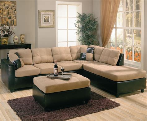 Two Tone Tan Microfiber And Dark Brown Faux Leather Sectional Sofa