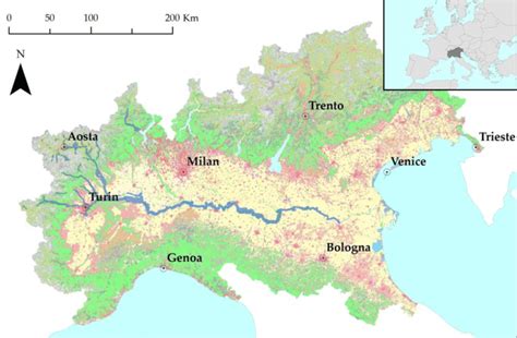 Po River 2000 Flood Extension In Blue In Northern Italy Which Is