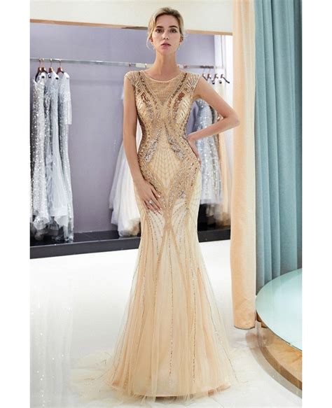 2019 Fitted Gold Mermaid Long Tulle Prom Dress With Sequins F013