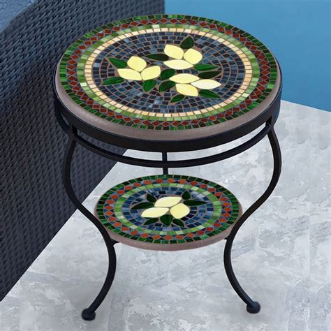 Tuscan Lemons Mosaic Side Table Tiered Knf Designs Iron Accents